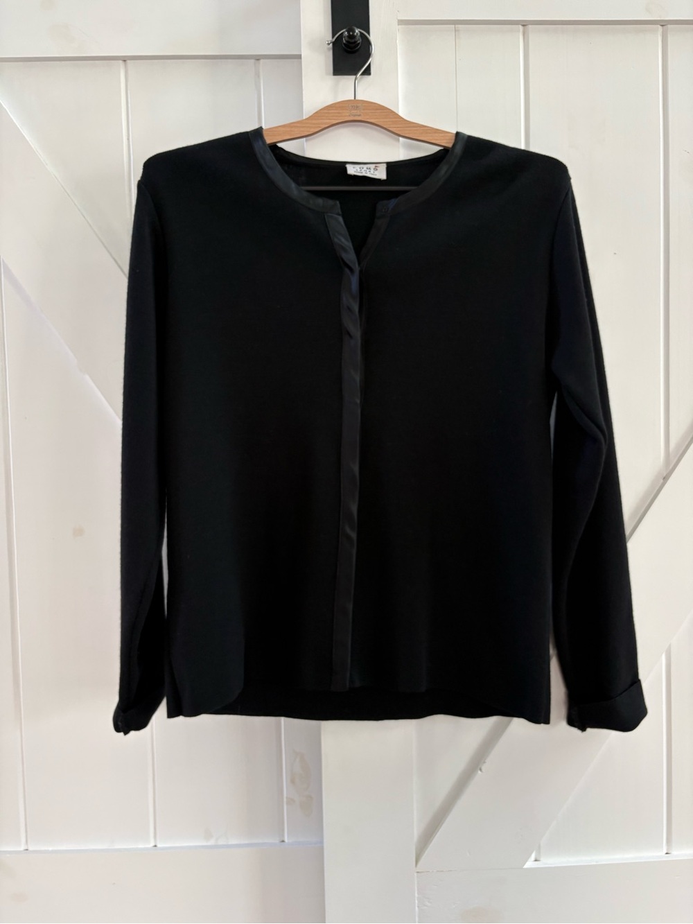 Como Sport 100% Pure Wool Long-Sleeve Satin-Trim Cardigan Blouse – Made in Italy